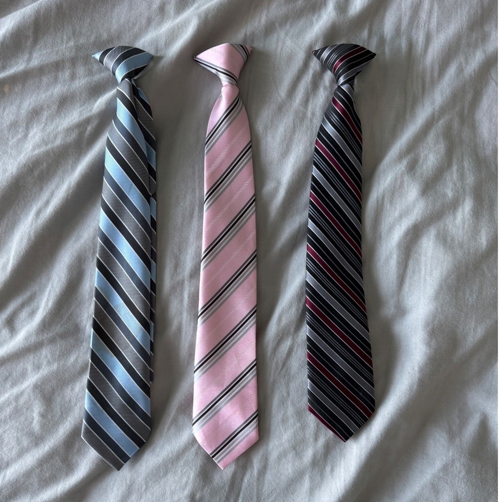 Kids Clip On Ties Set 3 Striped Colors Blue Pink Black Red Formal Neckties